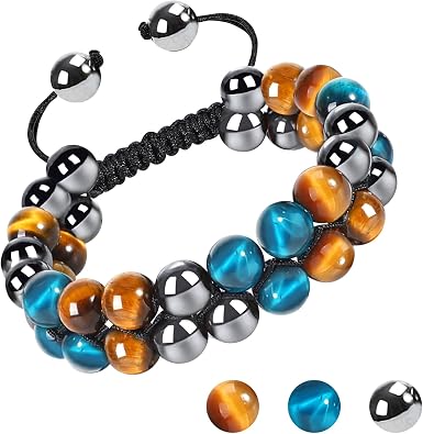 Triple Protection Bracelet, Blue Tiger Eye Black Obsidian Hematite Men Bracelet 8mm Beads Handmade Womens Bracelets for Protection
