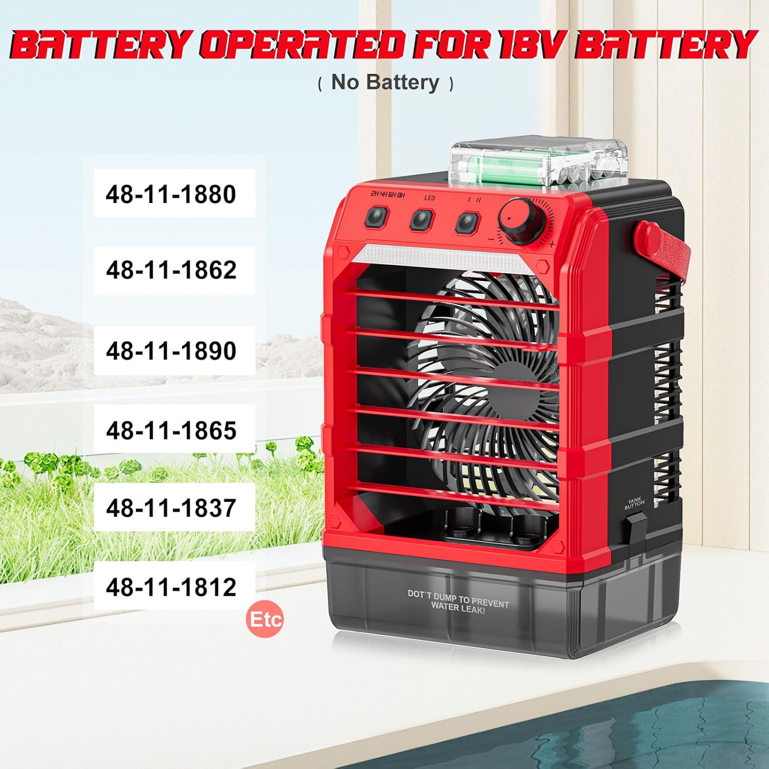 Battery Powered Misting Fan Compatible For Milwaukee 18V (No Battery) or USB Input Powered,Cooling Fan with 1600ML Water Tank,Timing Function,LED for Outdoor Barbeque Camping & More