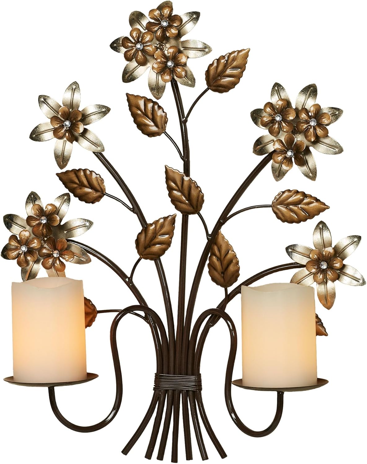 Belissa Floral Bouquet Candle Wall Sconce | Metallic Champagne Bronze, Silver Leaf, and Dark Brown Finishes | Dimensional Metal Flower Blossoms with Faux Gem Centers | Holds Your Two Pillar Candles