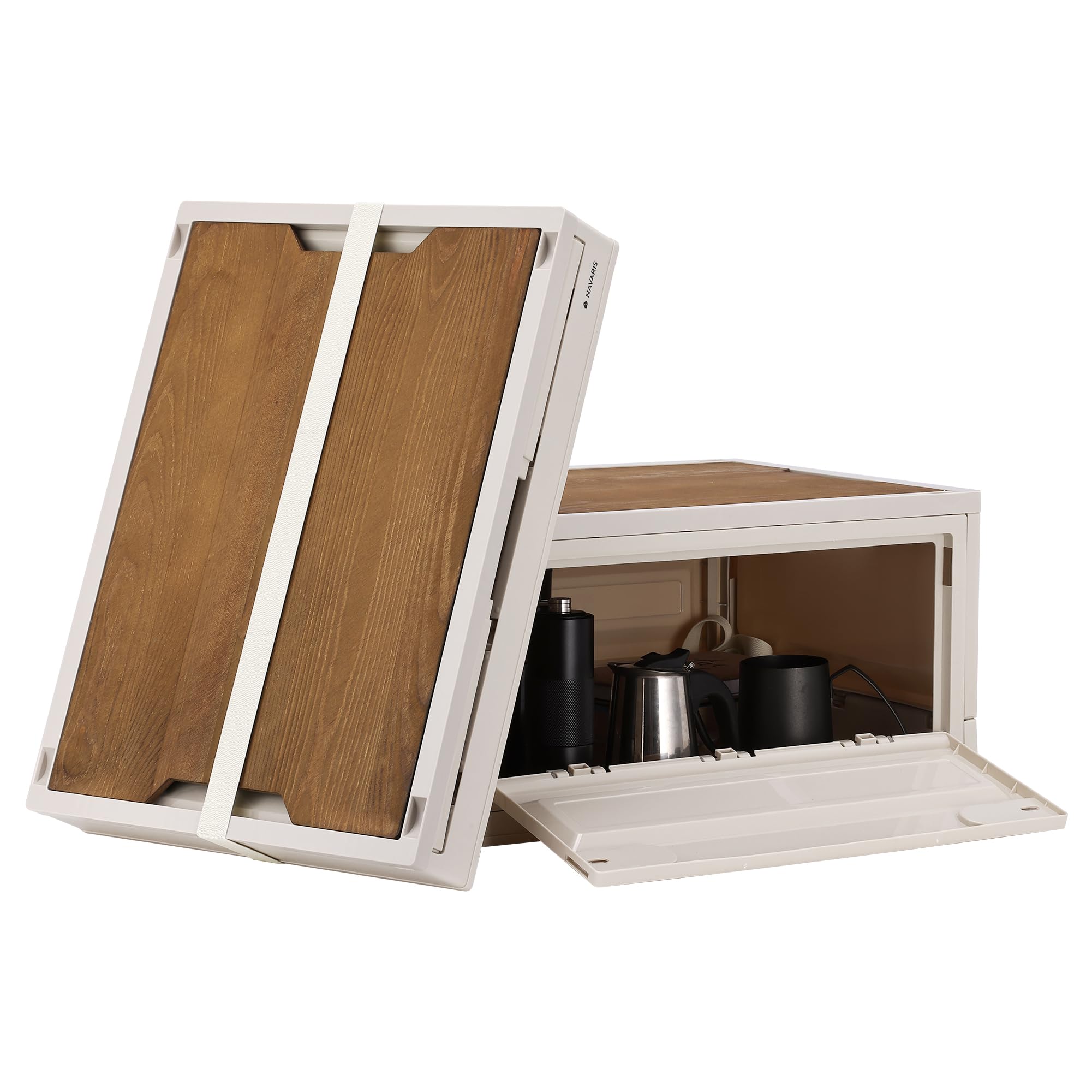 Navaris Cajas Plegable Camping - 2x Cajas Almacenaje Plastico con Tapa de Madera - Caja Almacenaje con Tapa de 35 L - Apilable y con Ruedas - Apertura Bidireccional - 47x35x23cm