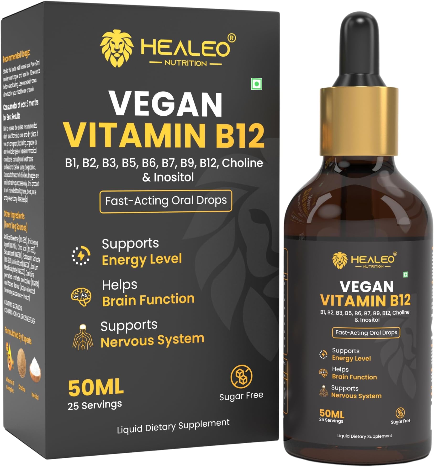 - Healeo Vegan Vitamin B12 Drops Supplement for Men & Women with B1,B2,B3,B5,B6,B7,B9, Choline & Inositol | Boost Energy Level | Supports Healthy Nervous System & Brain Function - 50ml