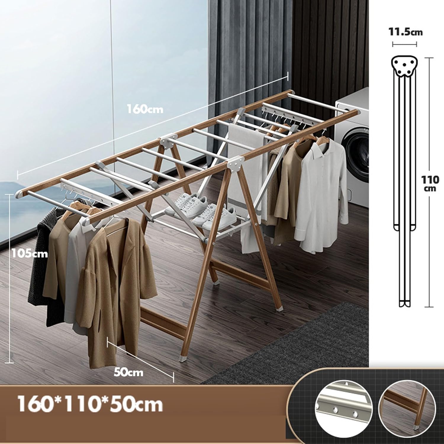 This Foldable Laundry Drying Racks Floor Clothes Drying Rack with Adjustable Wings, Aluminum Alloy Clothes Airers with Shoes Rack for Indoor Outdoor,160cm/5.2ftwind Strip + casters