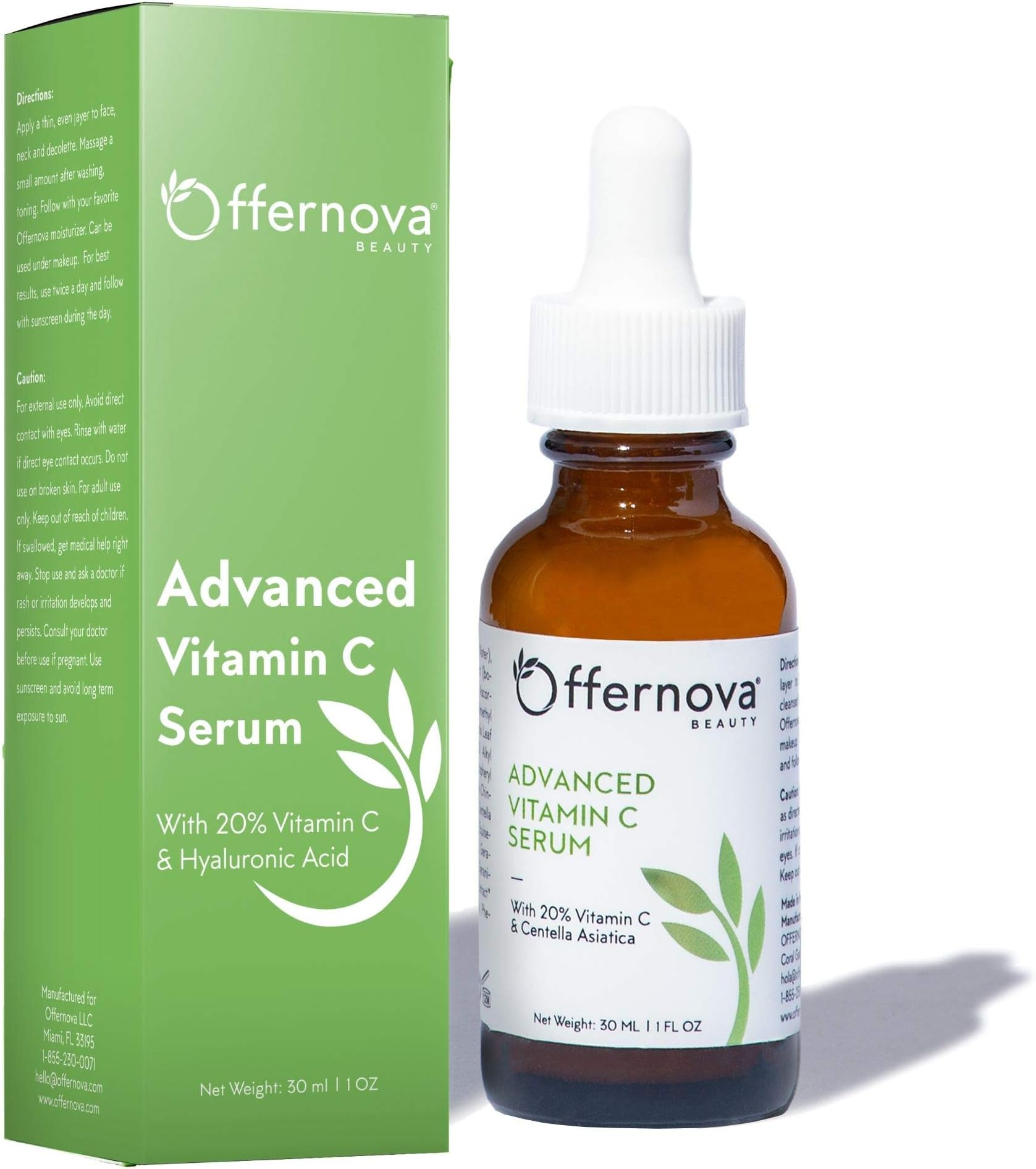 Offernova Organic Vitamin C Serum - 20% Vit C and Hyaluronic Acid Anti Aging Serum for Face, Eyes and Neck. Enhanced Absorption Dark Spot Corrector for Youthful Looking Skin, 1 oz