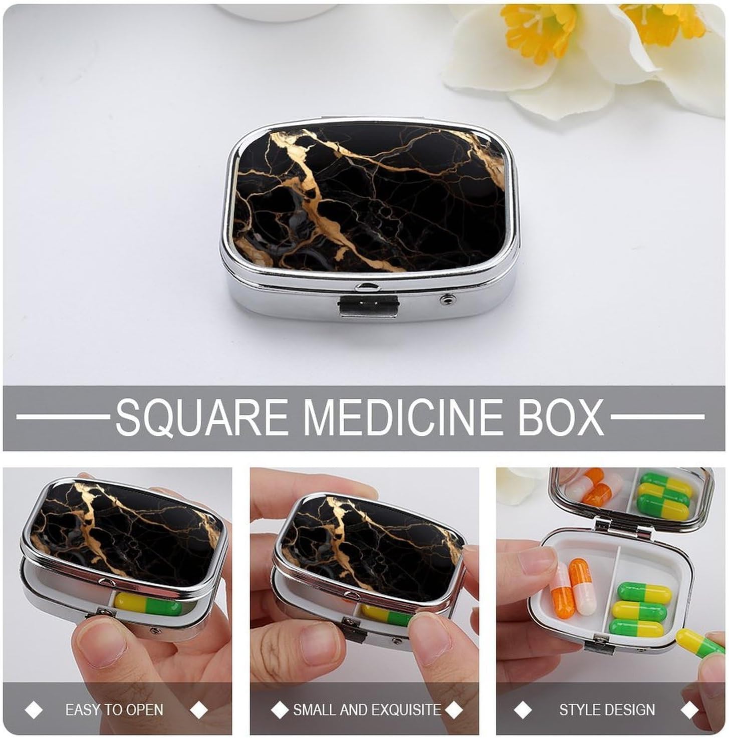 Black Gold Marble Square Pill Case, Metal Pill Organizer image 4