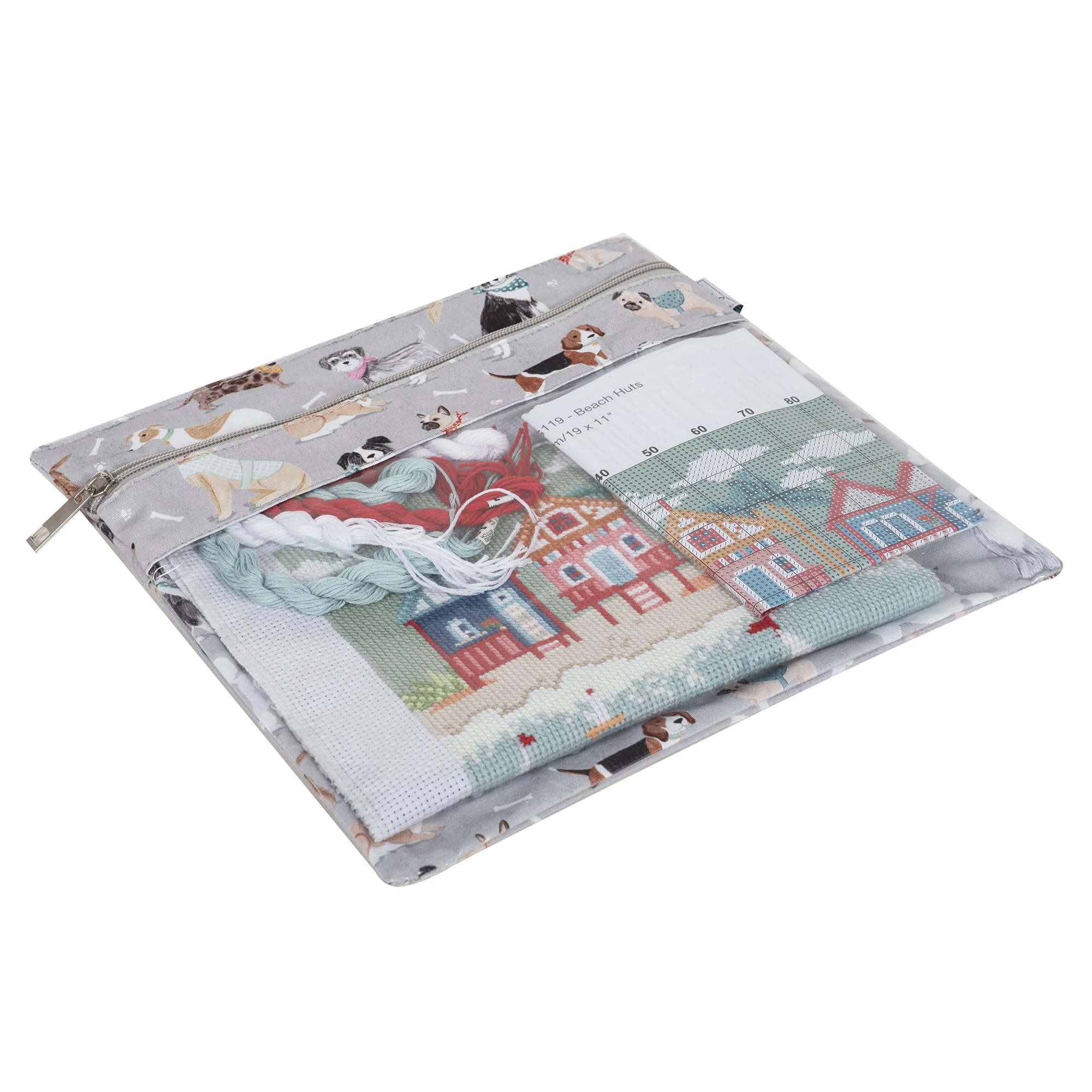 Hobby Gift Flat Cross Stitch Bag Storage Project Pouch - Cross Stitch Project Bag for Needlecraft Papercraft Cards, Waterproof Storage for Knitting & Crochet Accessories - 28 x 0.5cm, Grey Dogs