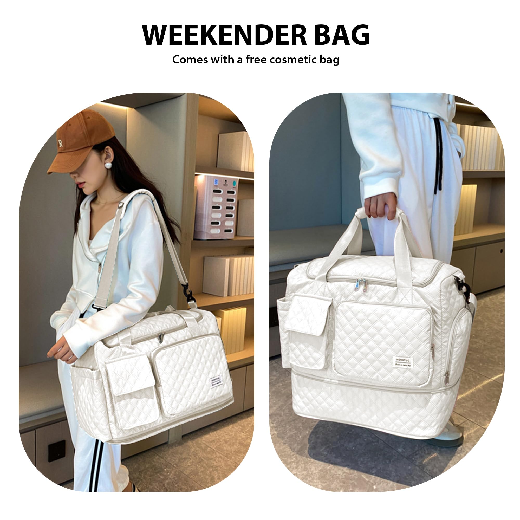 Wasserdichte Reisetasche, Wochenend-/Übernachtungstasche, mit Kultur- und Schuhfach, gesteppt, Handgepäck, Krankenhaus-Arbeitstasche, Beige, Gesteppt