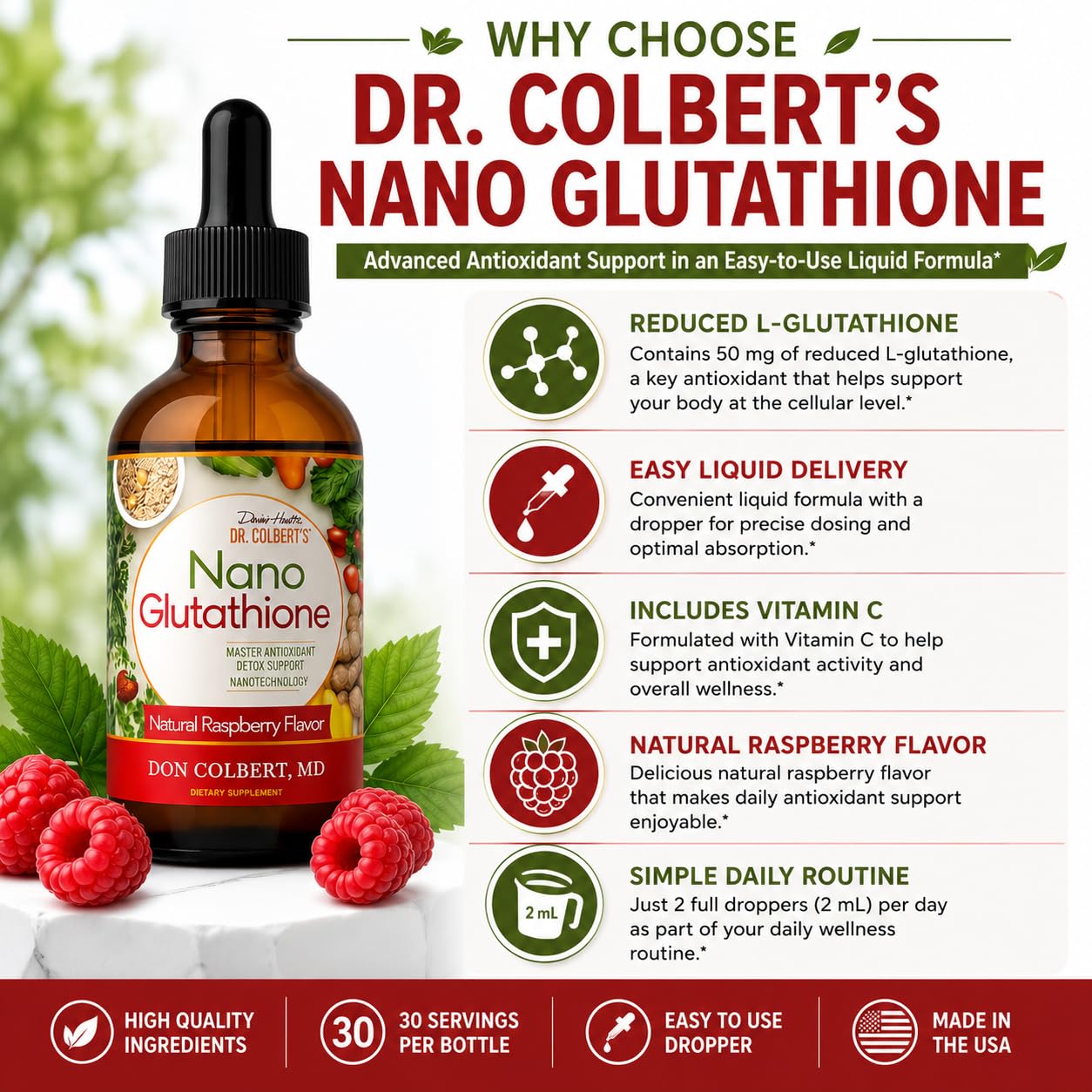 Divine Health Dr. Colbert, MD Nano Reduced L-Glutathione Drops | Raspberry Flavor Nanonization | Superior Absorption | Includes Vitamin C | Sugar Free | 30 Day Supply