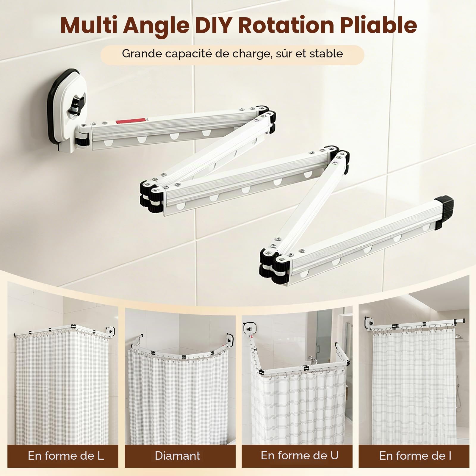 Rideau De Douche Sans Perçage,En Forme De L/U,5 Plis,190 cm | Ventouse Puissante,Tringle À Rideau De Douche Pliable Avec Ventouse,Tringle À Rideau De Douche Pour Douches D'Angle,Blanc