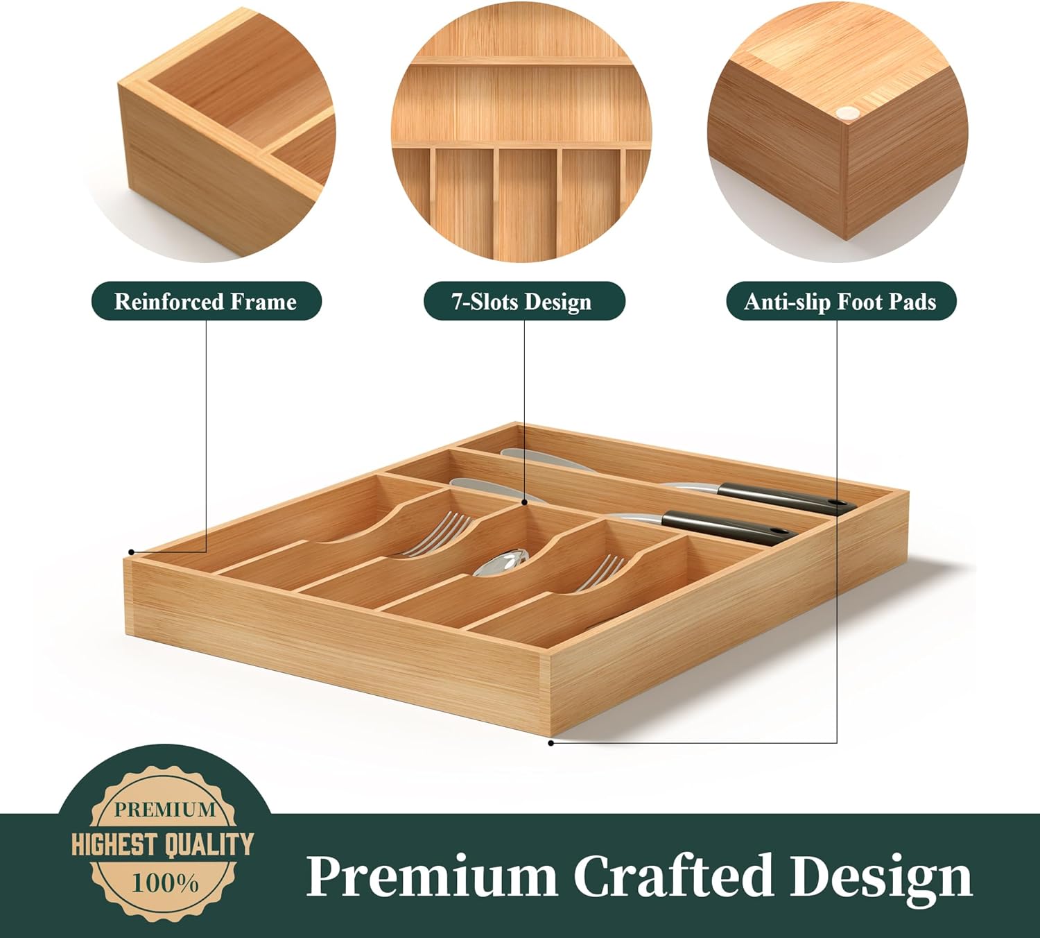Silverware Organizer, Bamboo Kitchen Drawer Organizer, Utensil Holder, Cutlery Tray & Spoon Flatware Storage with Grooved Drawer Dividers (13''W x 17''D)