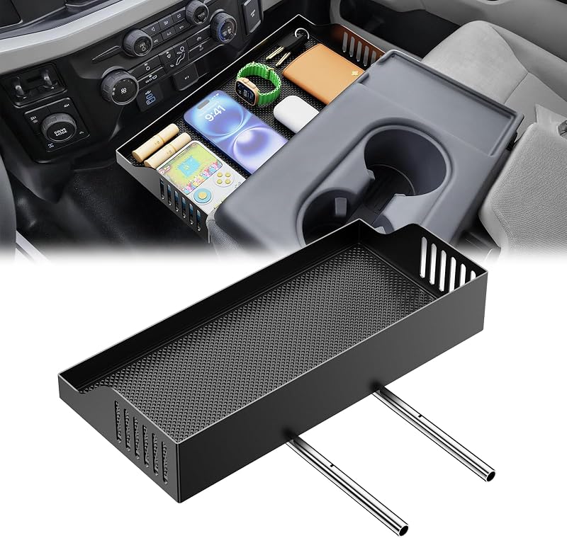 Metal Headrest Organizer for Ford F150 F250 F350 F450 F550 F650 2011-2026 | Jump Seat Only | Aluminum Alloy Center Console Storage Tray | No Drilling | Anti-Slip Pad | No Button Block | Easy Install