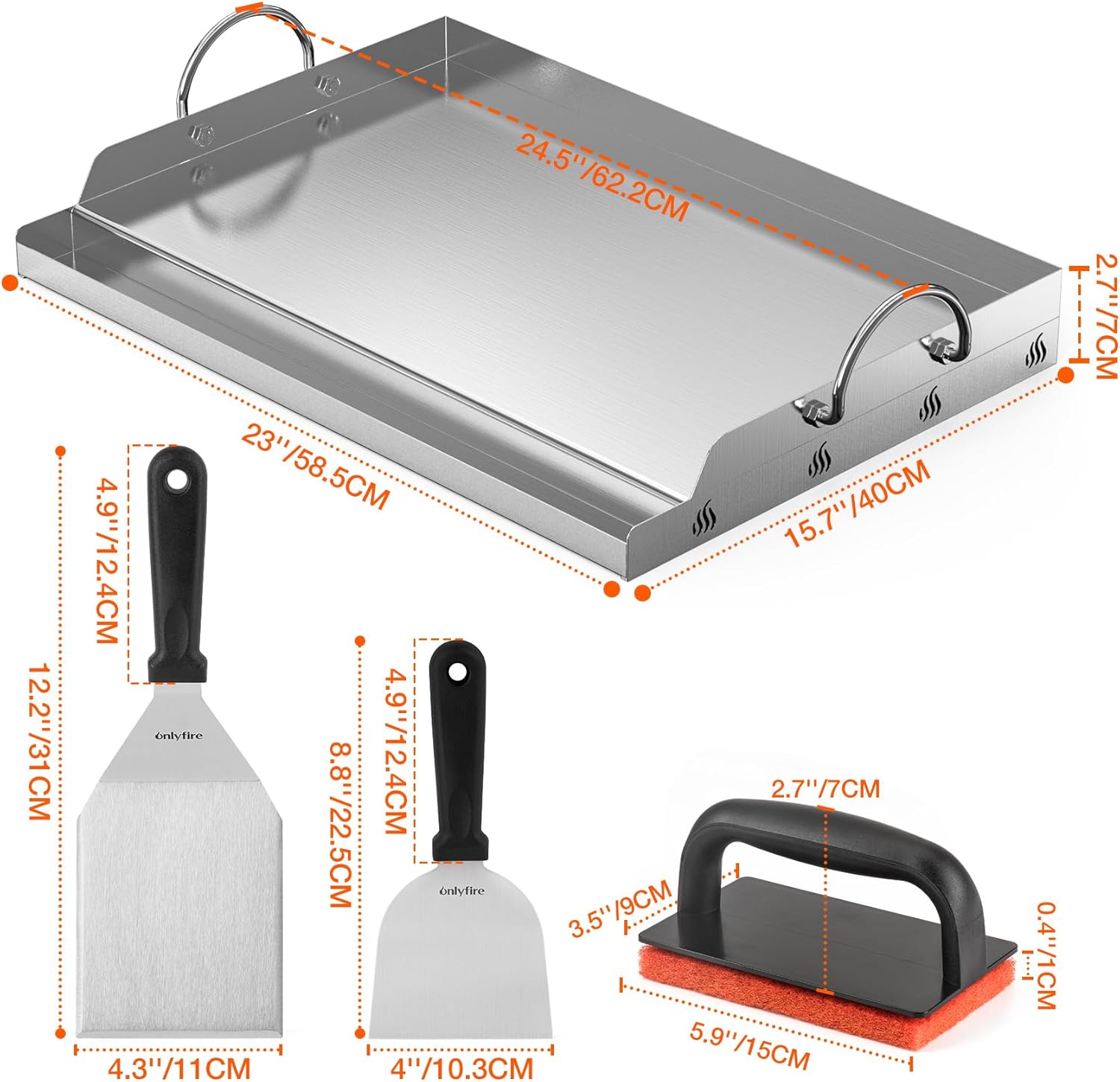 onlyfire griddle and cooking tool kit, 23”x16” outdoor flat top griddle plate with bbq scraper, spatula and scouring pad for gas and charcoal grills 23.8" x 12.1" x 3.5"