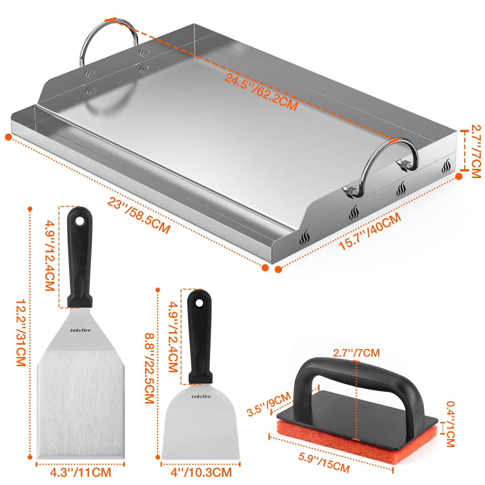 Onlyfire Płyta grillowa ze stali nierdzewnej 58 cm ze skrobakiem do grilla, szpatułką do grillowania i podkładką do szorowania, do większości grilli gazowych i grillów, zestaw akcesoriów do