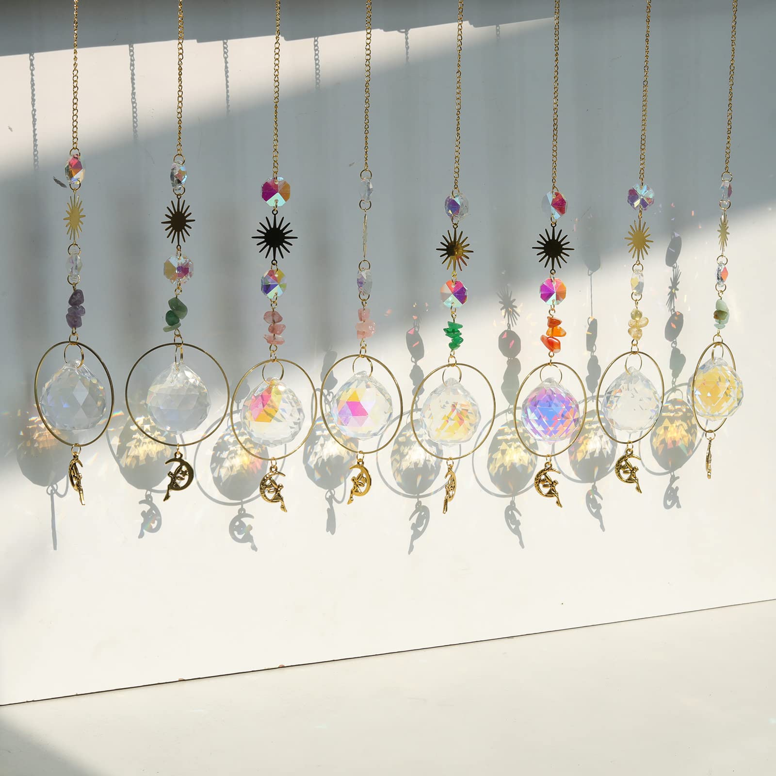 8 pcs K9 Crystal suncatcher Rainbow Maker Colorful Hanging Crystal Catcher with Chain, Moon & Angel Pendant Ornament Crystal Balls for Home Window Garden Car