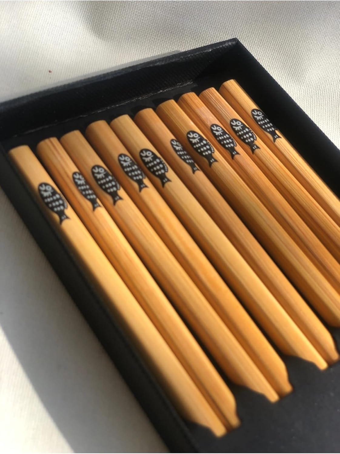 Bamboo Chopstick Set Japanese Fish Design 5 Pairs Boxed White for Home Kitchen - Patterned