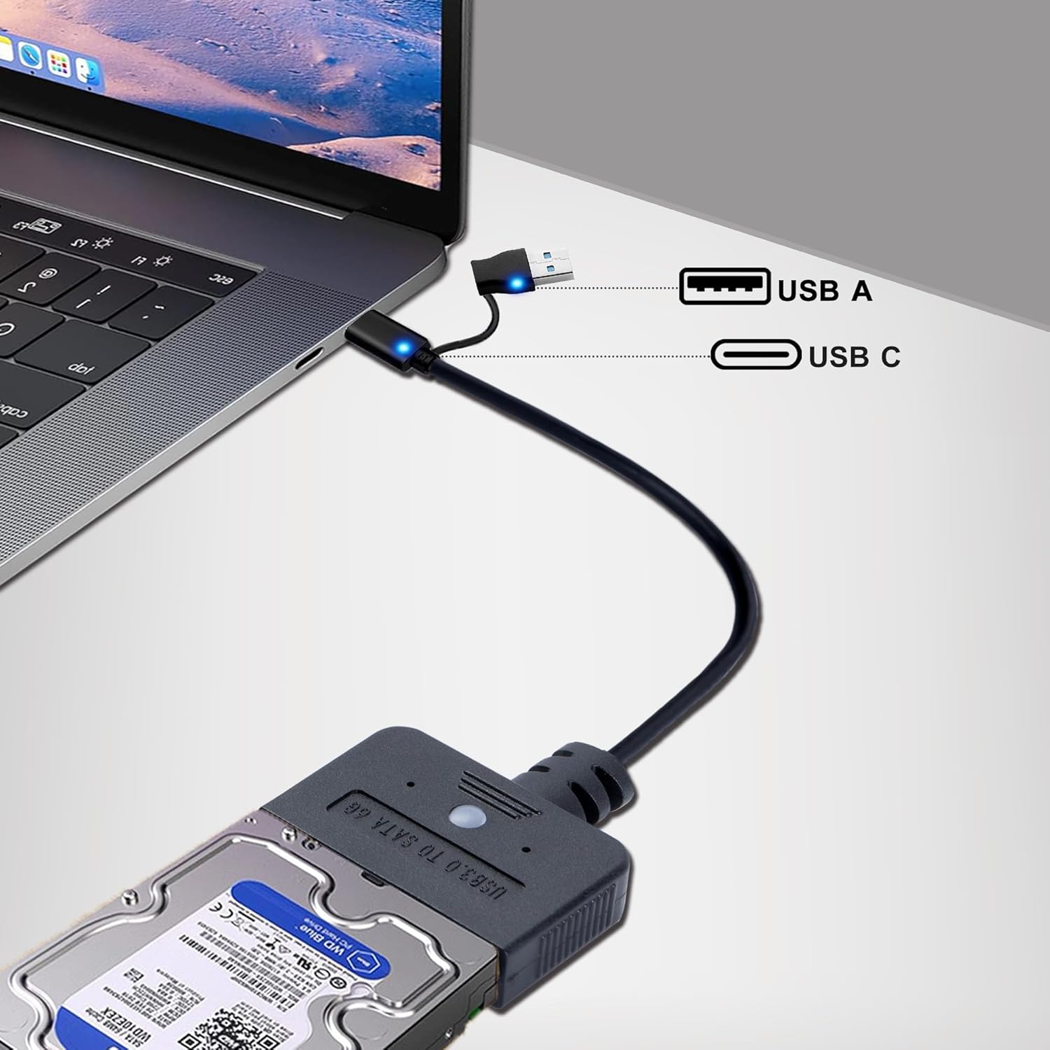 USB 3.0 to SATA Adapter, USB A & Type C 2.5/3.5 Inch Hard Drive Converter with 30W Power Supply, UASP 5Gbps High-Speed Transfer, Compatible with PC, Laptop, Mac for Data Recovery (1.6ft Cable)