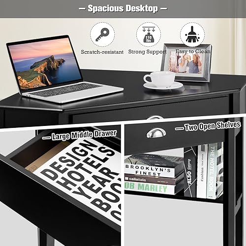 Miniatura 5 de Escritorio esquinero para computadora, mesa de esquina que ahorra espacio con cajón y estantes, estación de trabajo de esquina triangular de 90,