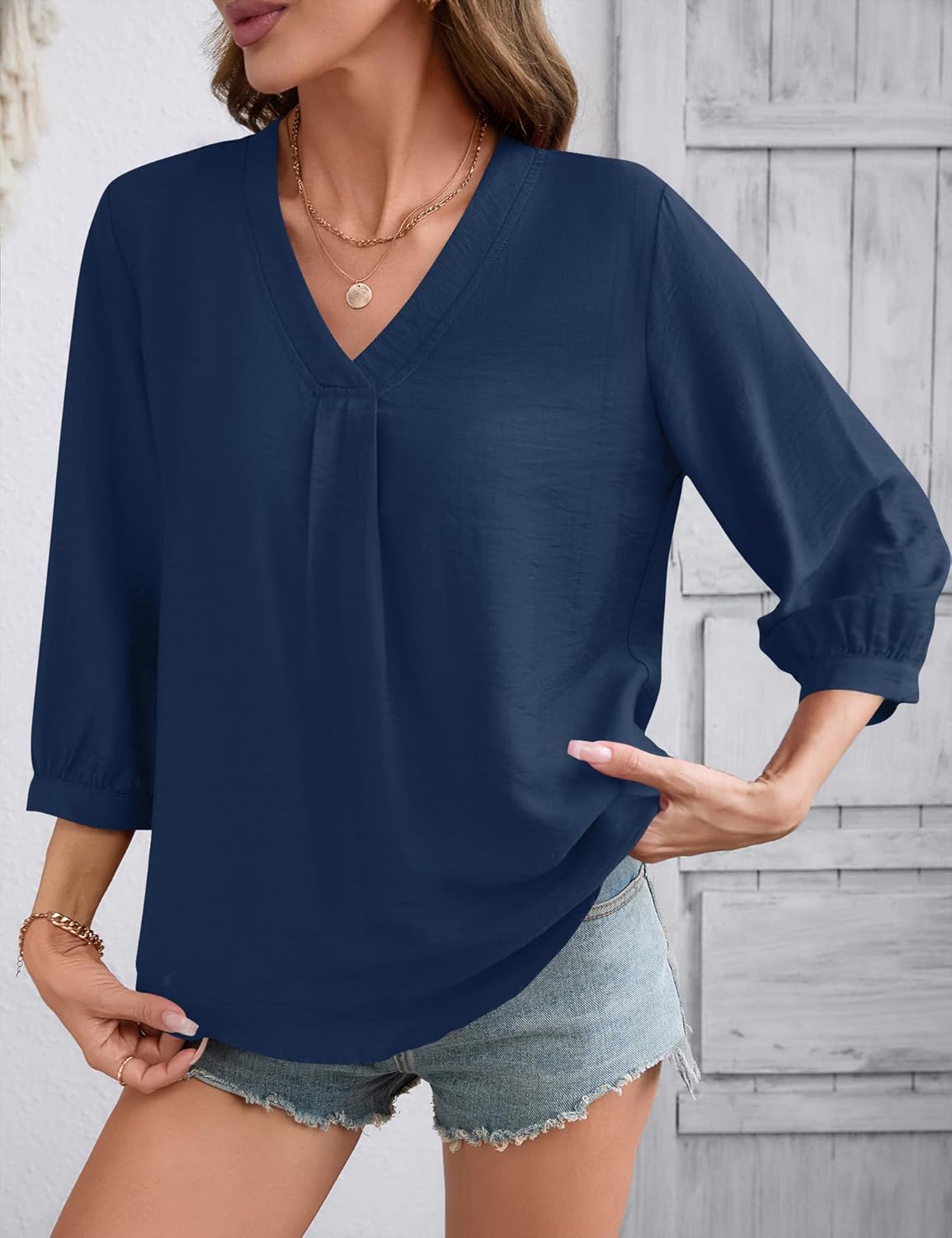 LOMON Womens 3/4 Sleeve V Neck Boho Peasant Blouses Dressy Casual Breathable Soft Tunic Tops with Button Cuffs - Image 3