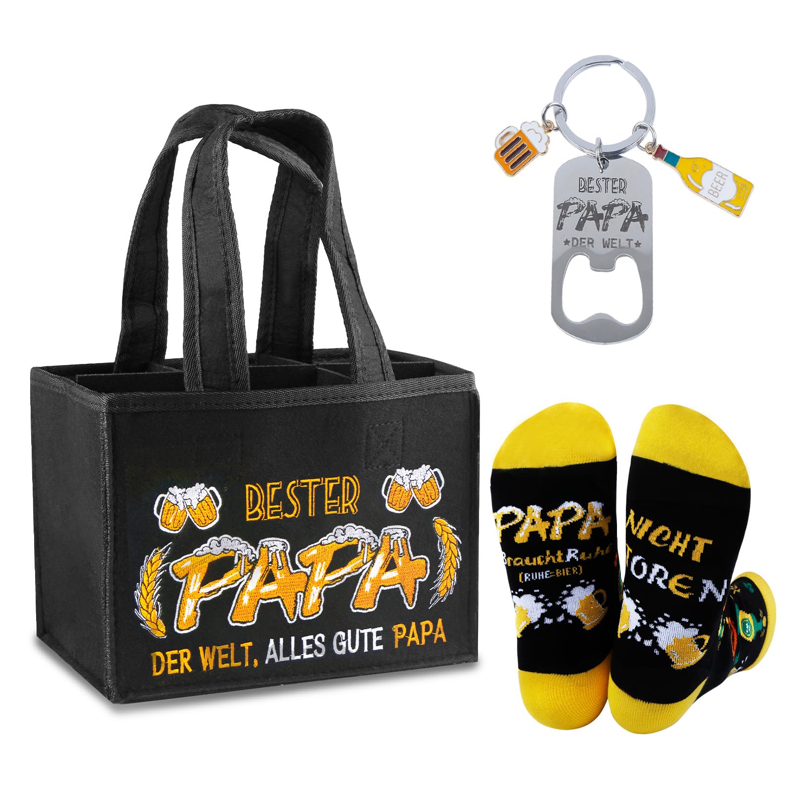 Men's Handbag Beer Funny Gifts for Men, Bottle Carrier 6 Bottles with Beer Socks Keyring Bottle Opener, Birthday Gifts for Men Father Grandpa Friend