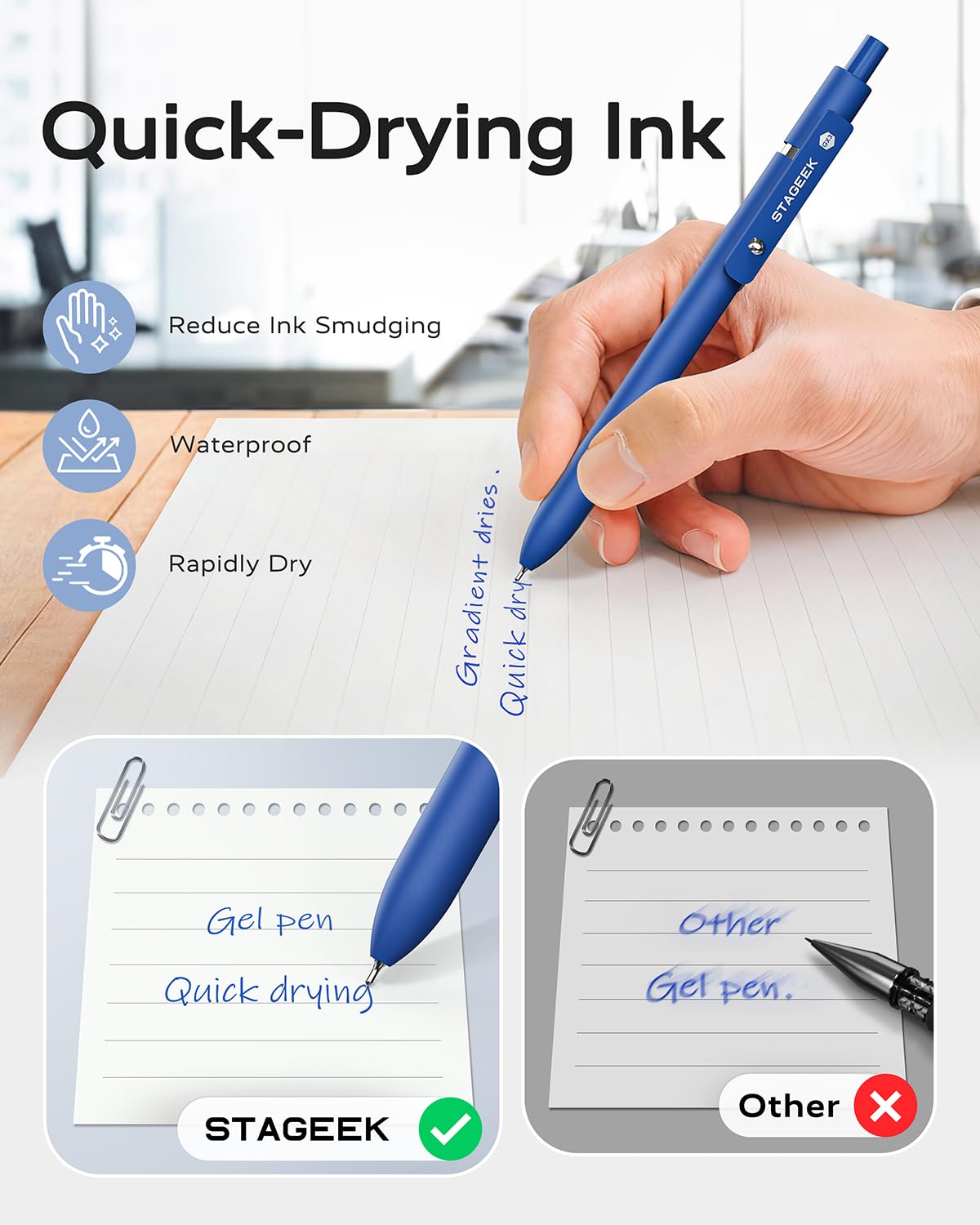 Blue Gel Pens 6Pcs Quick Dry Blue Ink Pens with 3 Extra Refills Fine Point Retractable Smooth Writing — view 4