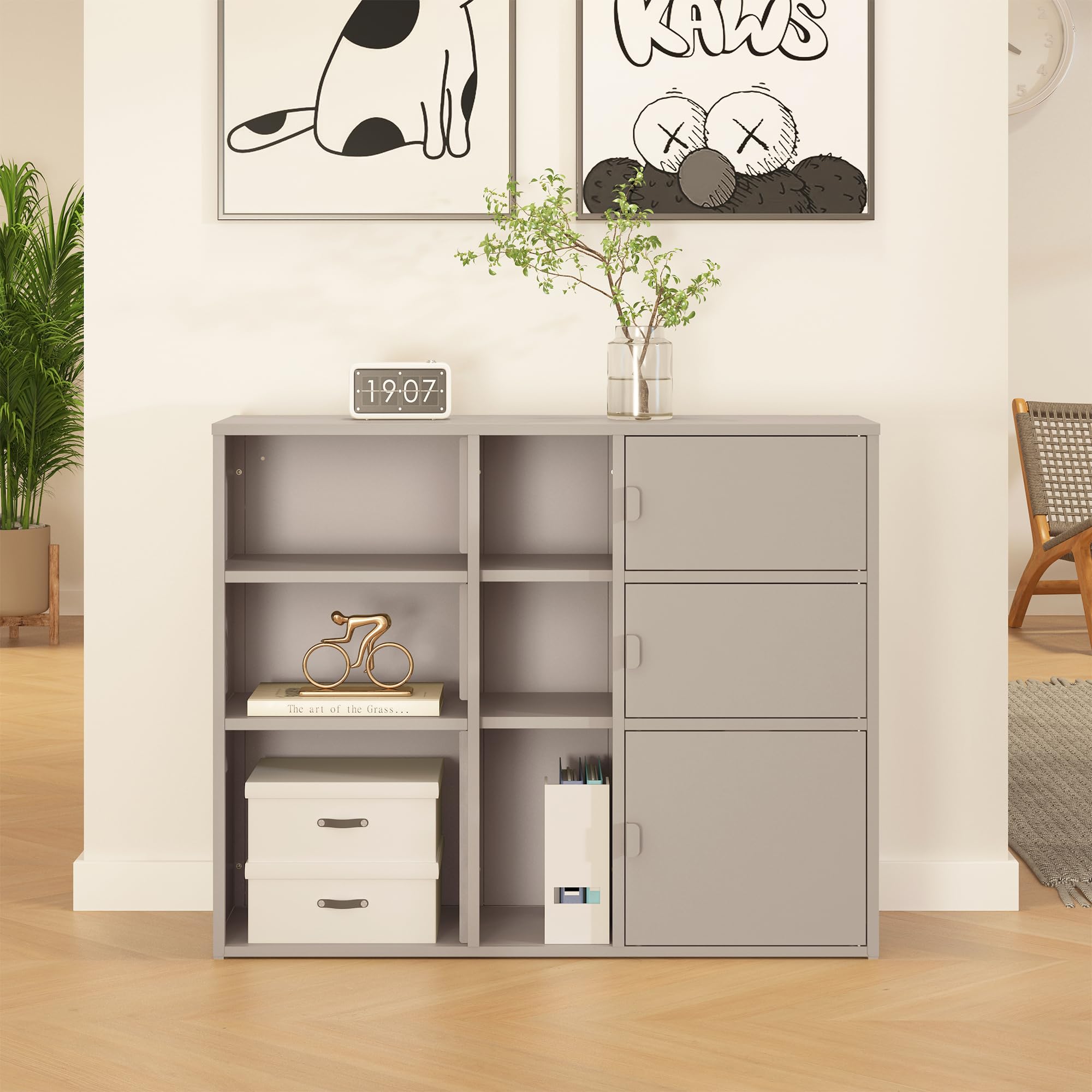[en.casa] Mobile Contenitore da Ufficio in Acciaio Armadio Portadocumenti con 6 Vani Aperti e 3 Scomparti Chiusi da Ante Scaffale Archivio per Studio Ingresso 100 x 32 x 81 cm - Color Cammello
