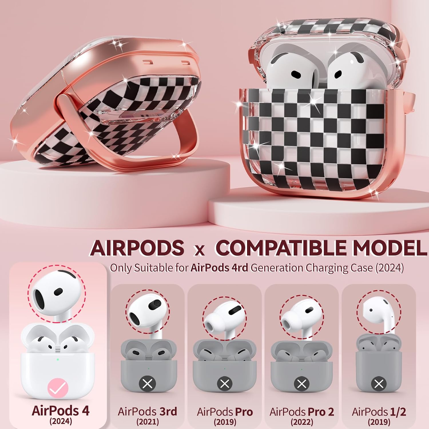 Inesore with Safety Lock for AirPods 4 Case,Clear Floral Cute AirPod 4th Generation Case for Women Girly with Cleaner Kit and Keychain- Gold Checkerboard thumbnail