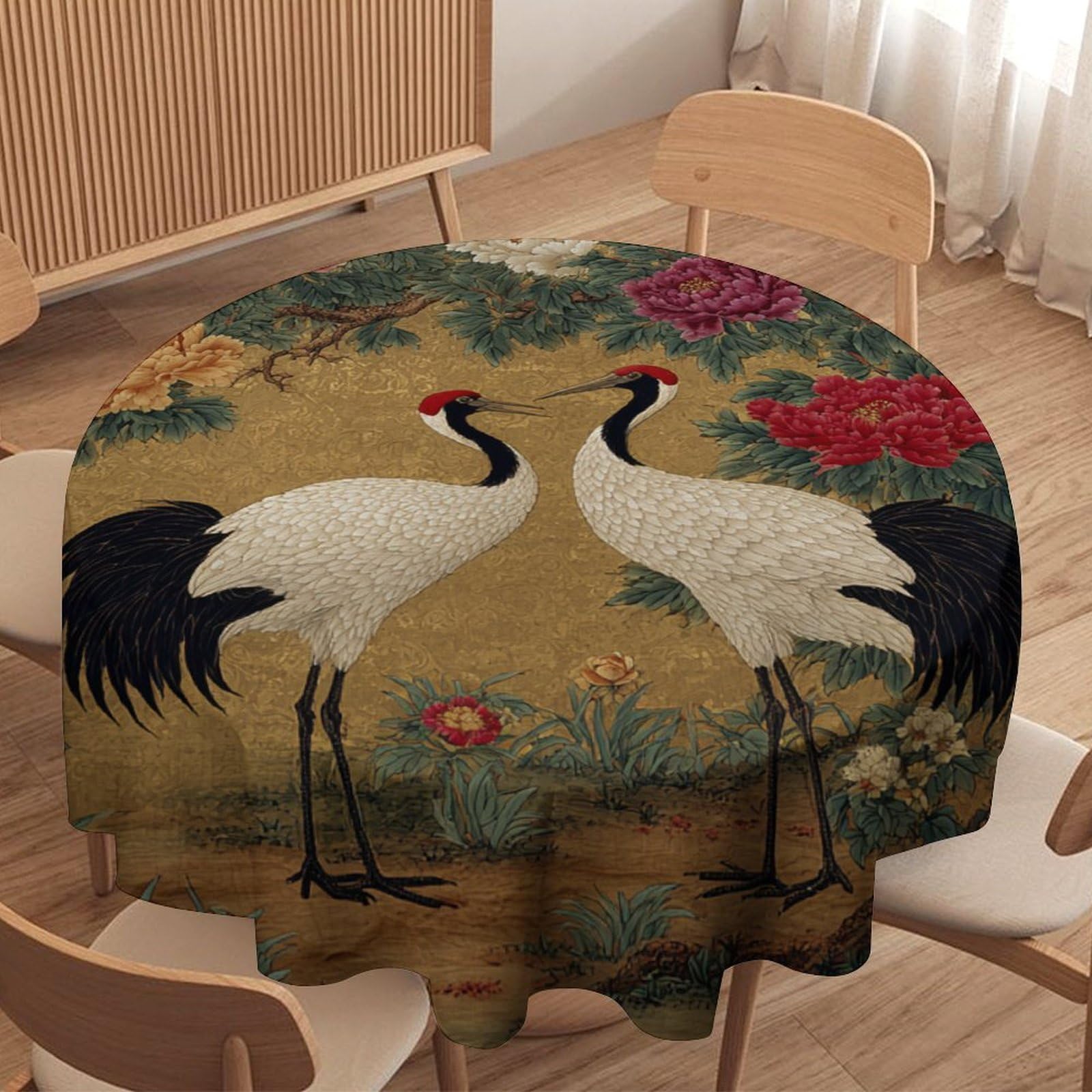 LUYYSKY Vintage Realistic Animals Crane Waterproof Round Tablecloth Japanese Elegant Plants Peony Flowers Animals Crane Pattern Washable Table Cover for Kitchen-177.8" Wx177.8 L cm