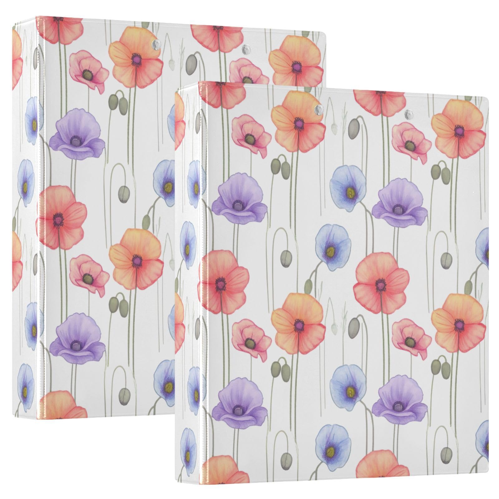 Lot de 2 classeurs décoratifs à 3 anneaux en forme de coquelicot orange pastel de 3,8 cm, avec poches, pour école, collège ou bureau