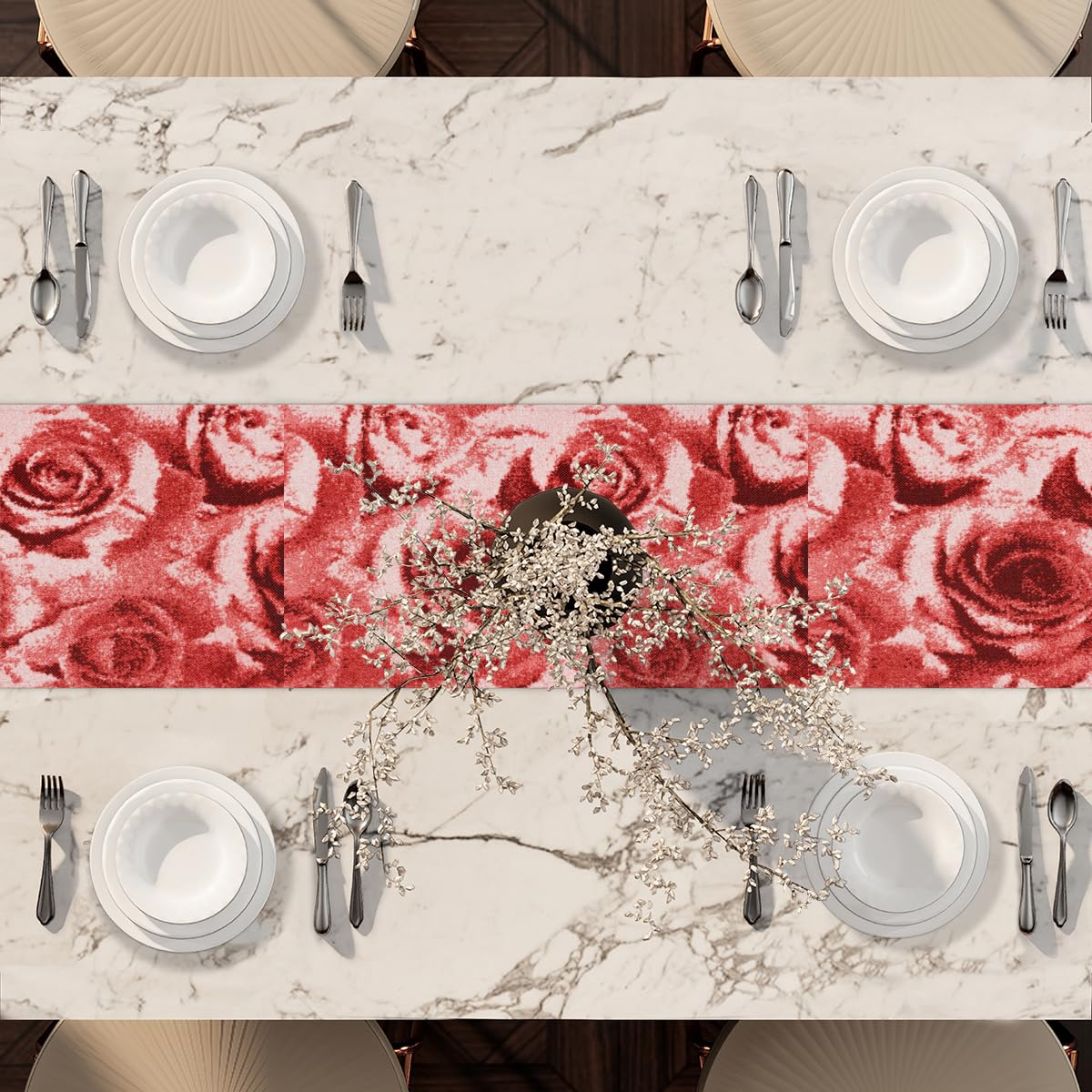 GPGHE Frühlingstischläufer Mit Rosen – 33x92 Cm, Saisonale Tischdeko Für Küche & Esstisch