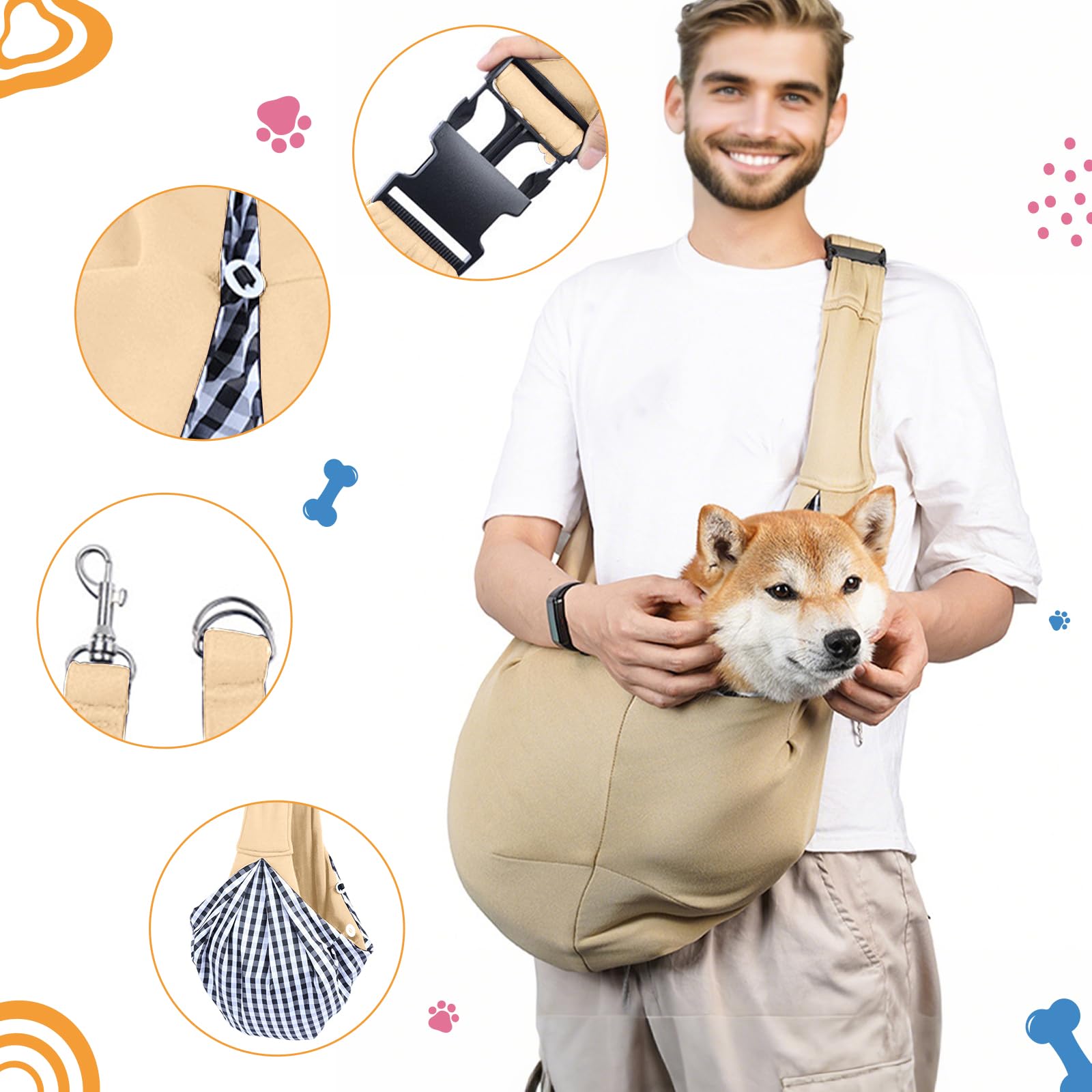 Sac Bandoulière Chiens, Réversible Petit Sac Transport Chien, Sac Transport Sécurisé Animaux, Pet Sling Carrier, Adapté à la Randonnée Quotidienne, au Shopping, au Cyclisme (Kaki)
