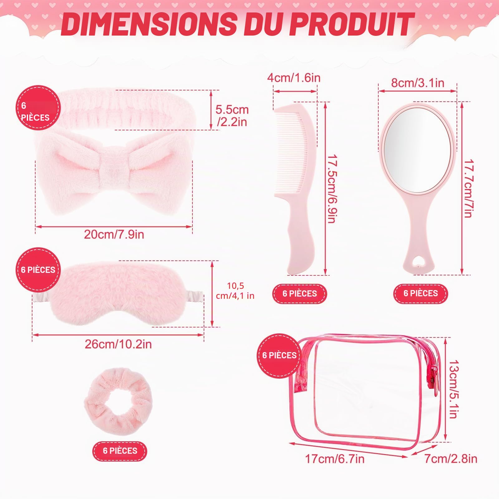 Lot de 36 accessoires fête pyjama, 6 masques roses, 6 chouchous velours, 6 sacs rangement, 6 miroirs, 6 peignes, cadeau soirée pyjama