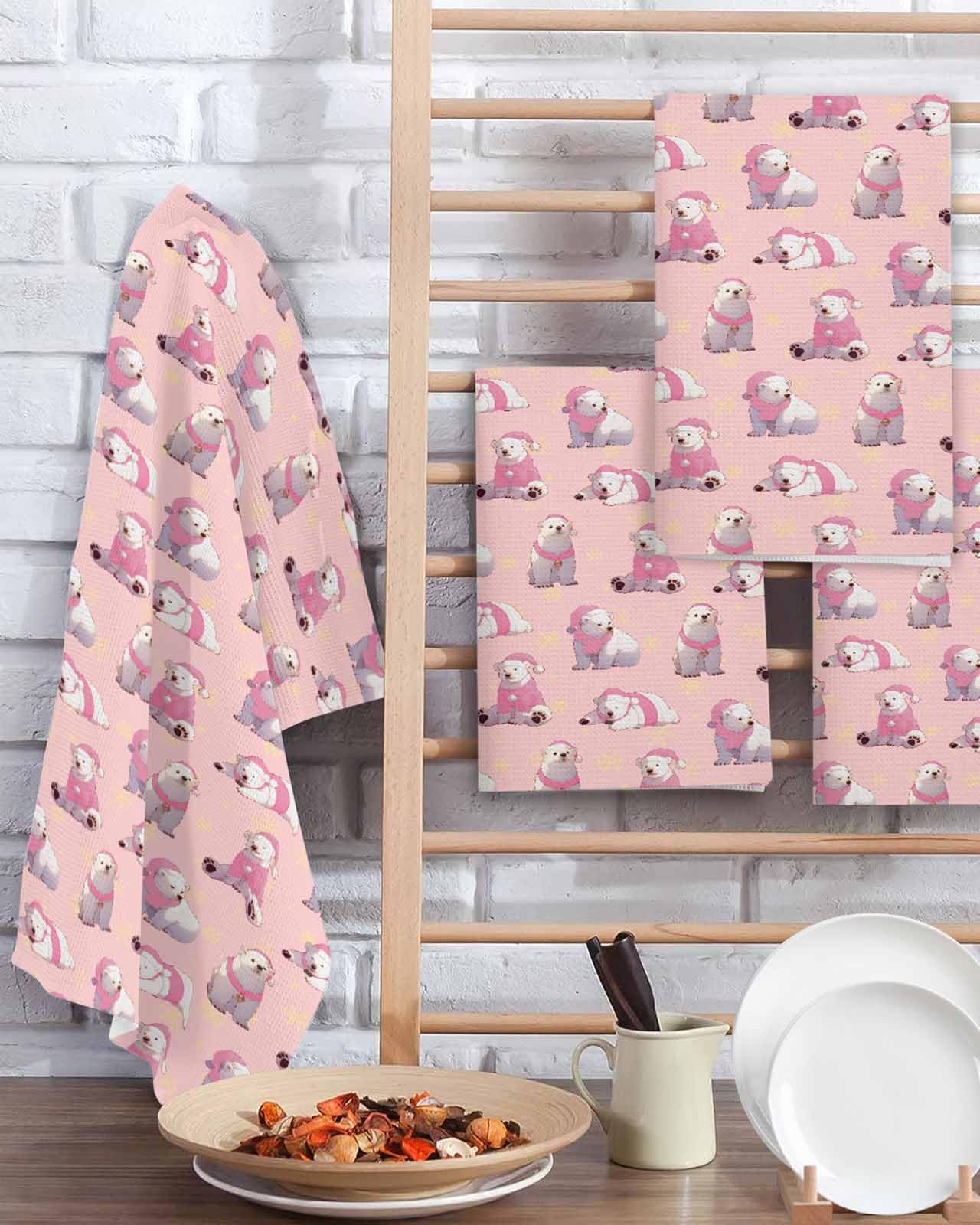 Hokiten Pink Bear Christmas Waffle Kitchen Towels Dishcloths, Winter Xmas Snowflake Absorbent Dish Towels | Hand Towels for Bathroom/Bar, 16 x 24 Inch, 4 Pcs