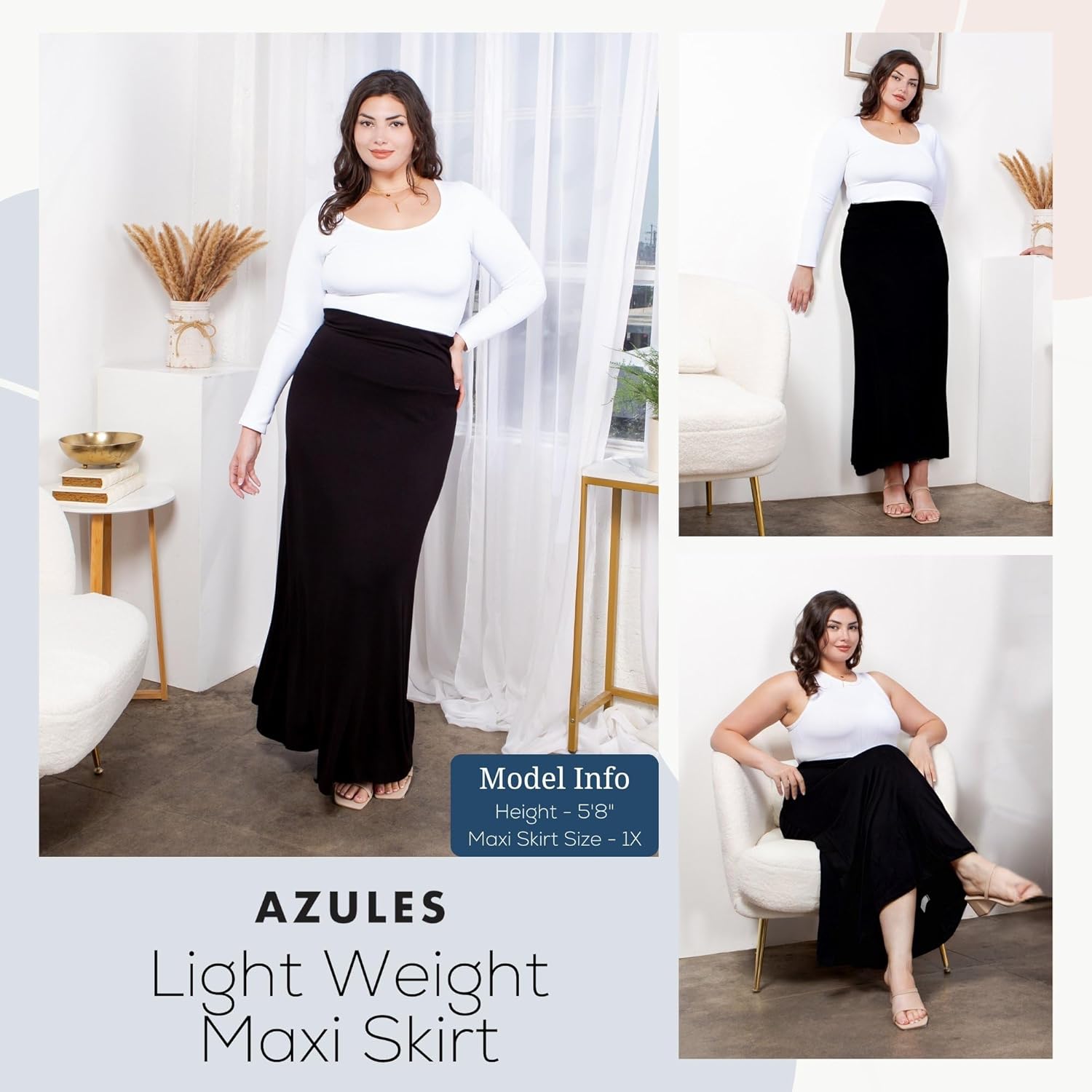 Azules 3 Pack Women’s Maxi Skirt – Soft Stretchy Rayon Fold Over High Waist Long Flowy Boho Skirt for Casual or Dressy Wear - Image 3