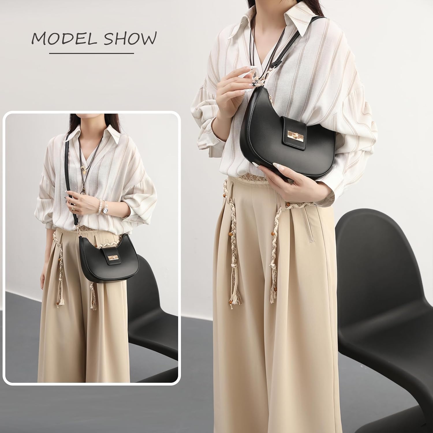 NIUEIMEE ZHOU Crescent Shoulder Bag for Women Retro Vegan Leather Crossbody Bags Tote HandBag Underarm Purses - Image 3