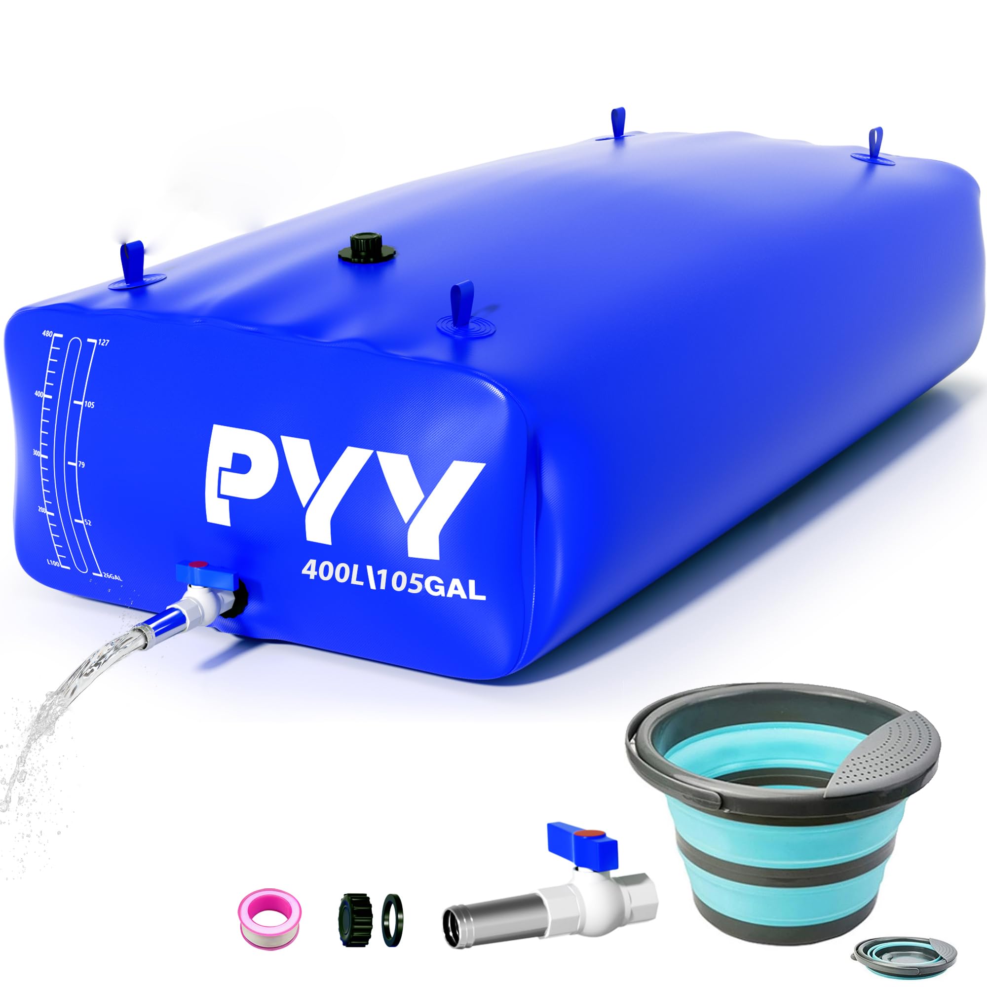 PYY Portable 105 Gallon Water Bladder for Truck Bed,Carrier Cart Large Water Bob Bathtub Emergency Water Bladder for Outdoor RV &amp; Car Camping,Water Storage Bladder with Spigot,Overflow Kit-Blue 400L