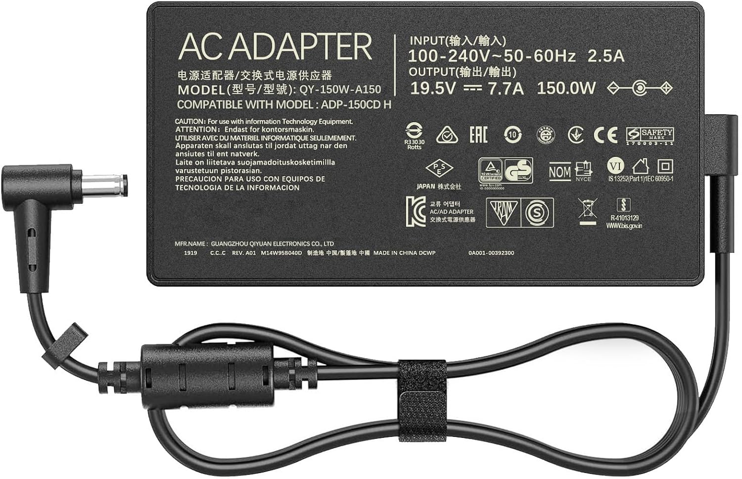 150W Laptop Charger Compatible with Asus TUF Gaming A15 A17 F15 F17 FX506 FA506 FX505, ROG Strix G15 G531 G731, Zenbook Pro 15, Vivobook Pro 16 20V 7.5A 4.5x3.0mm (4530) with 6.0x3.7mm Adapter