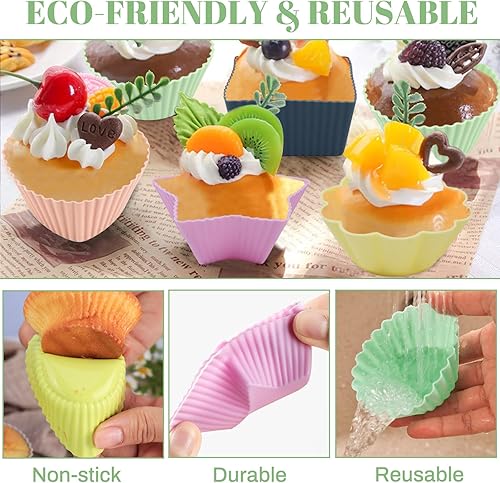 Miniatura 5 de Paquete de 25 forros de silicona reutilizables para magdalenas, moldes antiadherentes para magdalenas, cinco formas de flor, corazón, redondo,