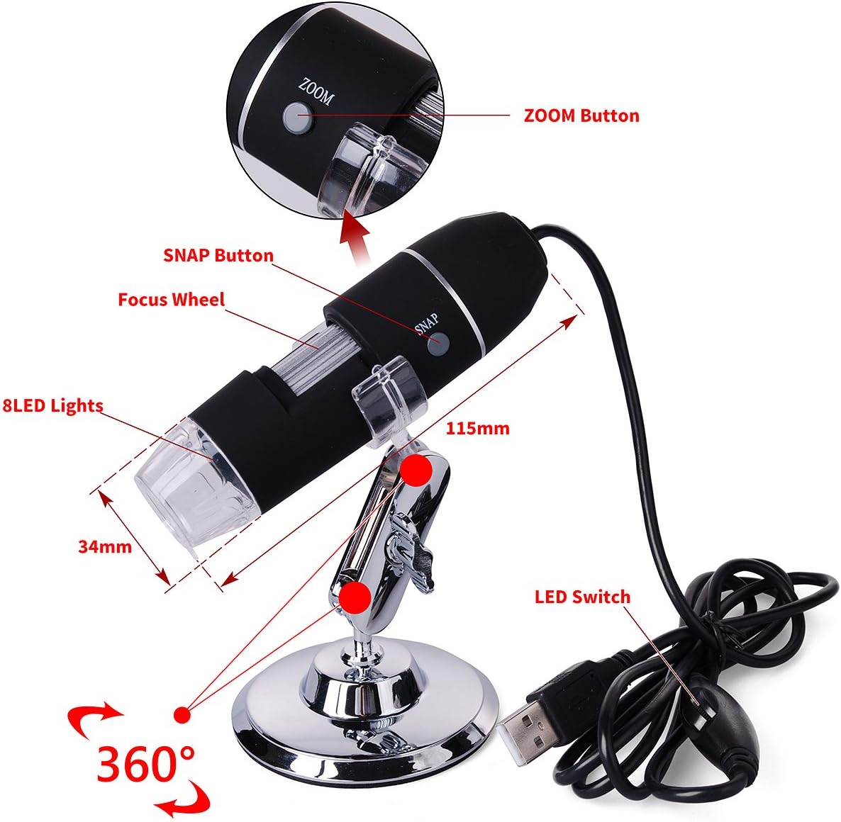 XCSOURCE 20X-800X 8 LED USB 3D Digital Zoom Microscope Endoscope Magnifier PC Video Camera with Stand TE071