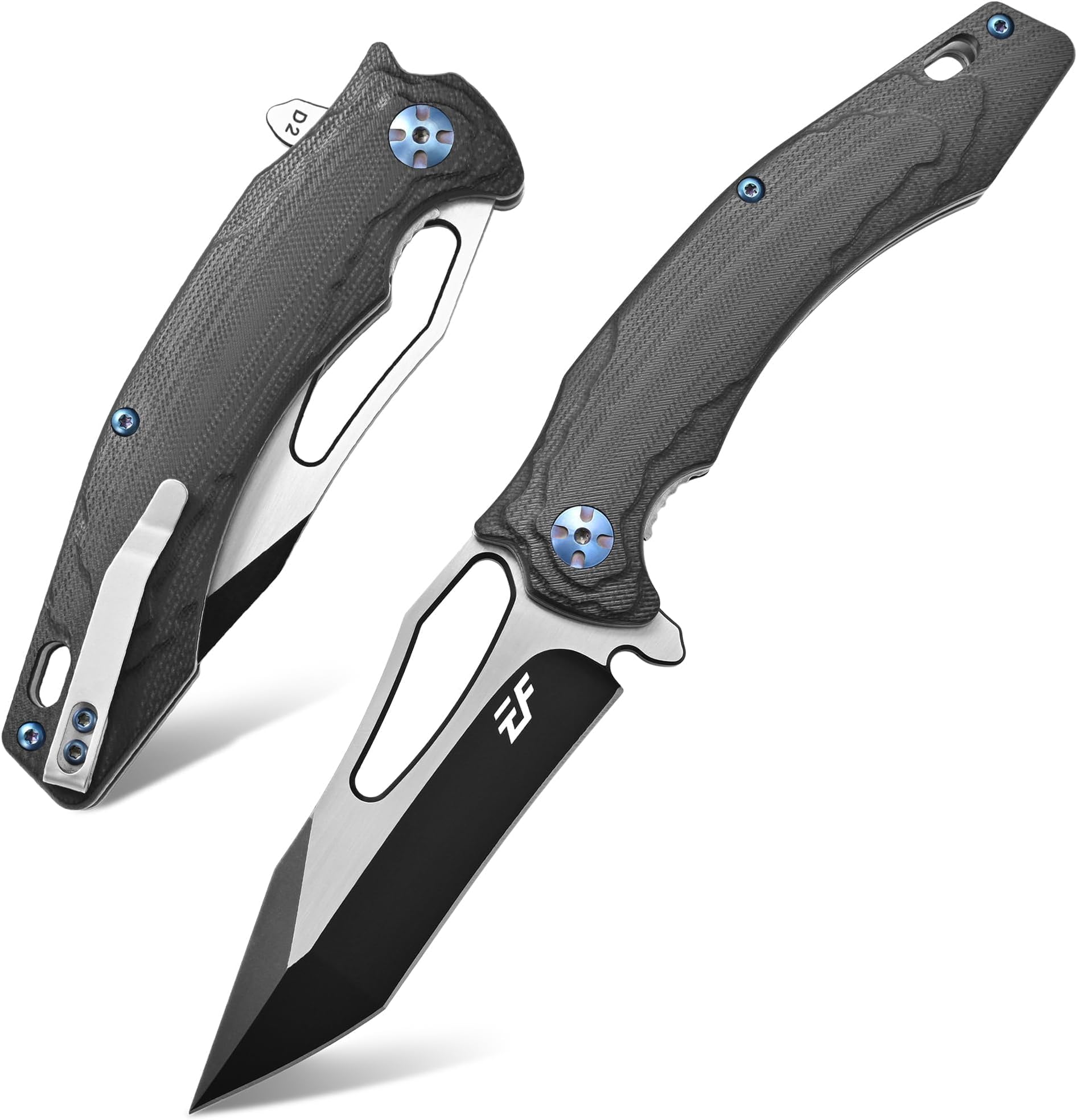EF915 Folding Knife D2 Steel Blade with Black-Oxide Coating; G10 Handle with Ball Bearing Safe Open Flipper Knife, Locking Liner and Pocketclip for Camping Work (Black)