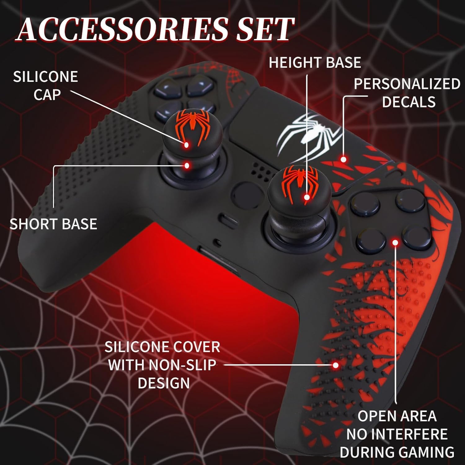 1 adhesivo de silicona y 2 empuñaduras extensoras para mando de PS5 Spider Edition, color rojo