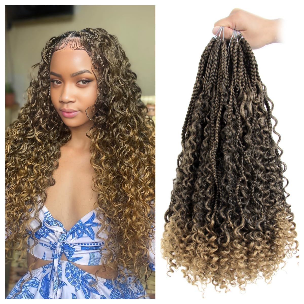 9 Packs Goddess Box Braids Crochet Hair 10 Inch Ombre Ginger Red Boho Box Braids with Curly Ends Synthetic Crochet Hair for Women, (T350)
