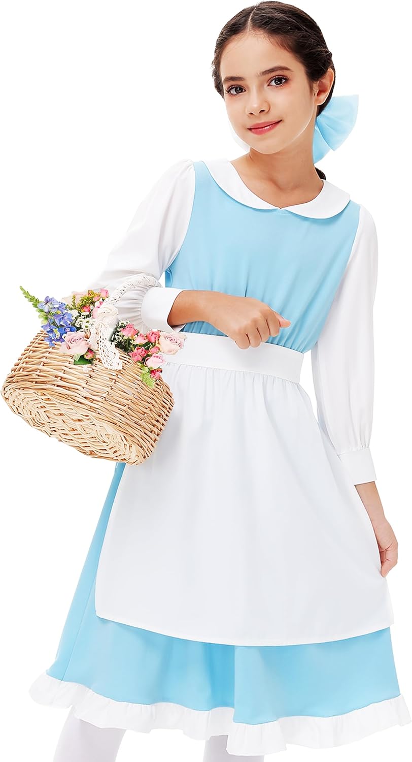 Deerose Adult Kids Blue Dress Halloween Princess Long Sleeve Dresses Maid Beauty Clothes