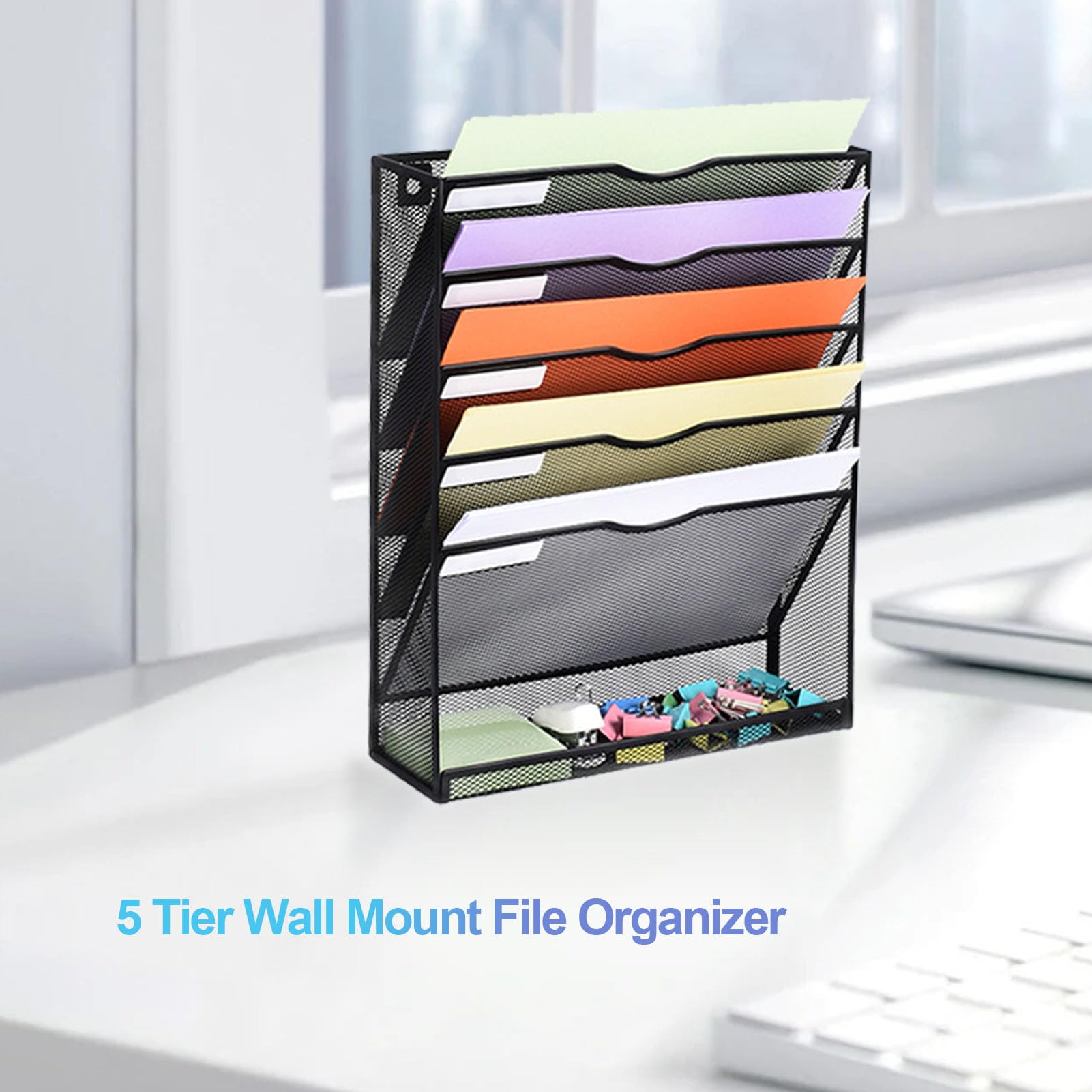 Depisuta Wall File Organize, Space Saving 5 Tier Vertical Hanging Wall Mount File Holder with Bottom Flat Tray Metal Mesh Desktop Paper Document Magazine Rack for Office School Home
