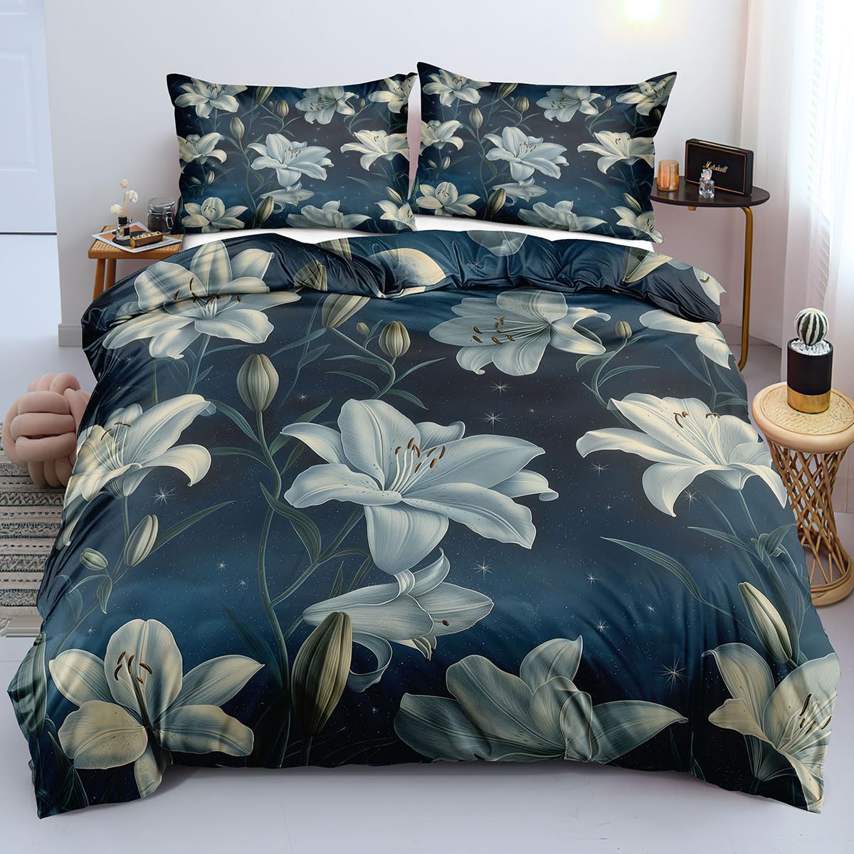 Parure de lit 200x200 bleu ciel étoilé avec housse de couette et taies lys blanc