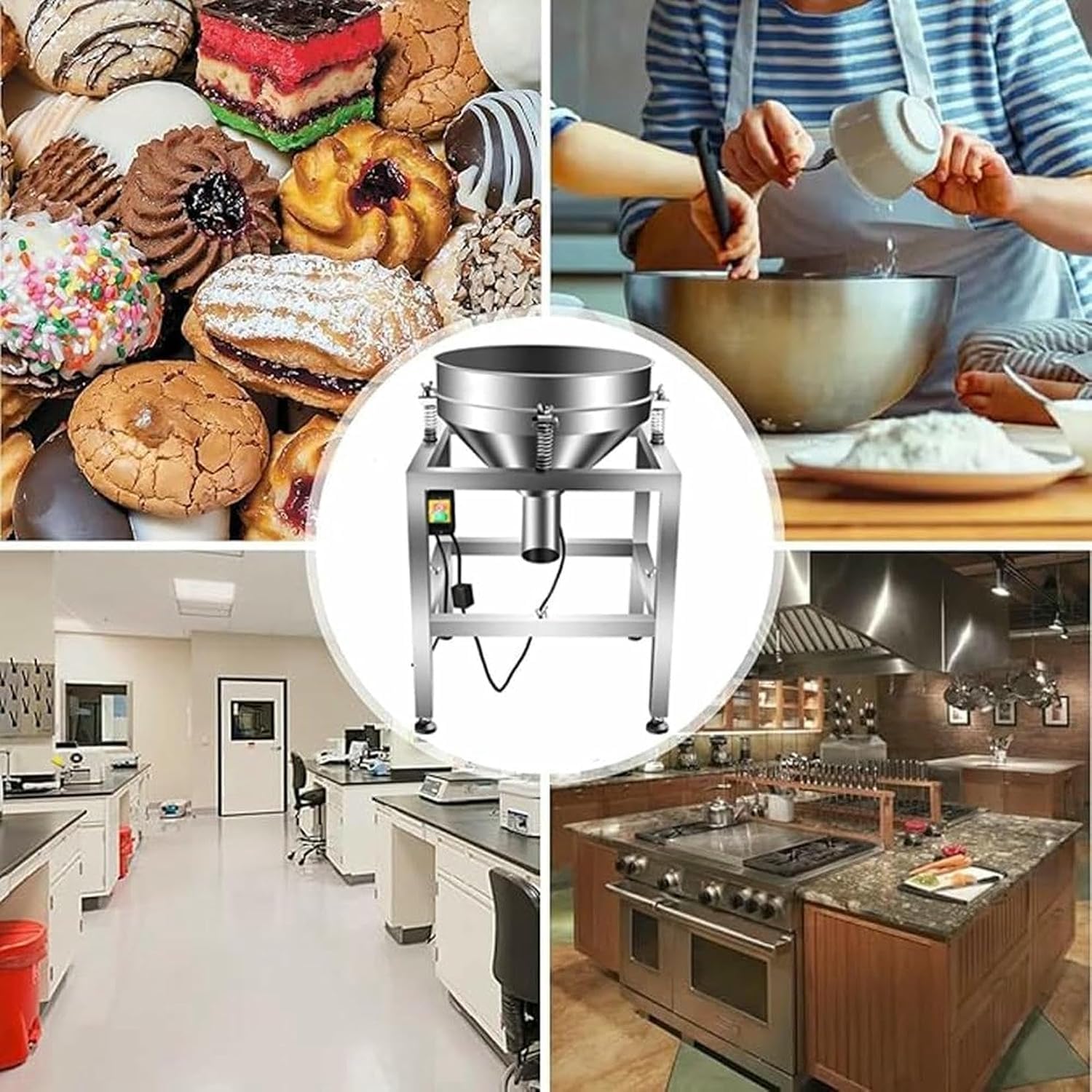 Automatyczny przesiewacz proszkowy – przesiewacz wibracyjny ze stali nierdzewnej 70 W z 40 i 100 sitkami siatkowymi do wydajnego przetwarzania mąki, ziarna, przypraw i żywności