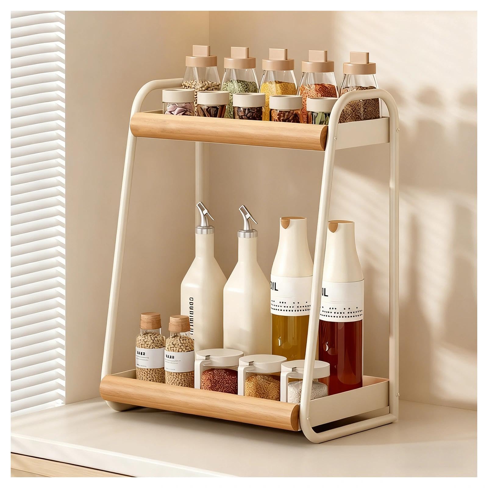 HADECOLL Vintage 2-Tier Spice Rack, Countertop Storage Organizer, Carbon Steel And Wood Stand For Sugar, Salt, Pepper And Oil Bottles,White-11.8in