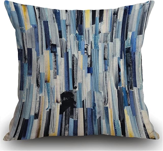 Smooffly Cushion Covers 45 x 45 cm,Watercolor Geometric Multicolor Stripes and Teals Ink Texture Pillow cover Cotton and Linen Pillow case Cushion Cover for Sofa outdoor garden bed couch cushion