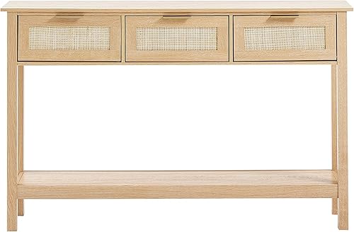 Miniatura 9 de VEVOR Mesa consola de ratán, mesa de entrada con 3 cajones de almacenamiento, mesa de pasillo con puerta corredera de ratán natural, mesa de sofá