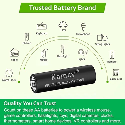Miniatura 5 de KAMCY Pilas alcalinas AA, 1.5 V de alta capacidad doble A, paquete de 12 baterías doble A con alimentación de larga duración, pilas AA multiusos,