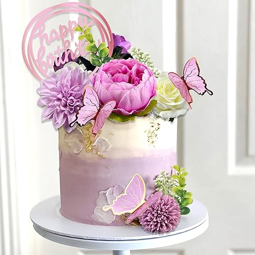 Miniatura 3 de 14 adornos de mariposa para tartas de feliz cumpleaños, con flores artificiales moradas, mariposas de eucalipto para niñas, fiesta de cumpleaños,