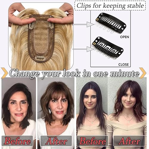 Miniatura 4 de RICH BRIA Toppers de cabello humano para mujeres con cabello delgado, piezas de cabello humano real para mujer, con clip en el cabello con flequillo